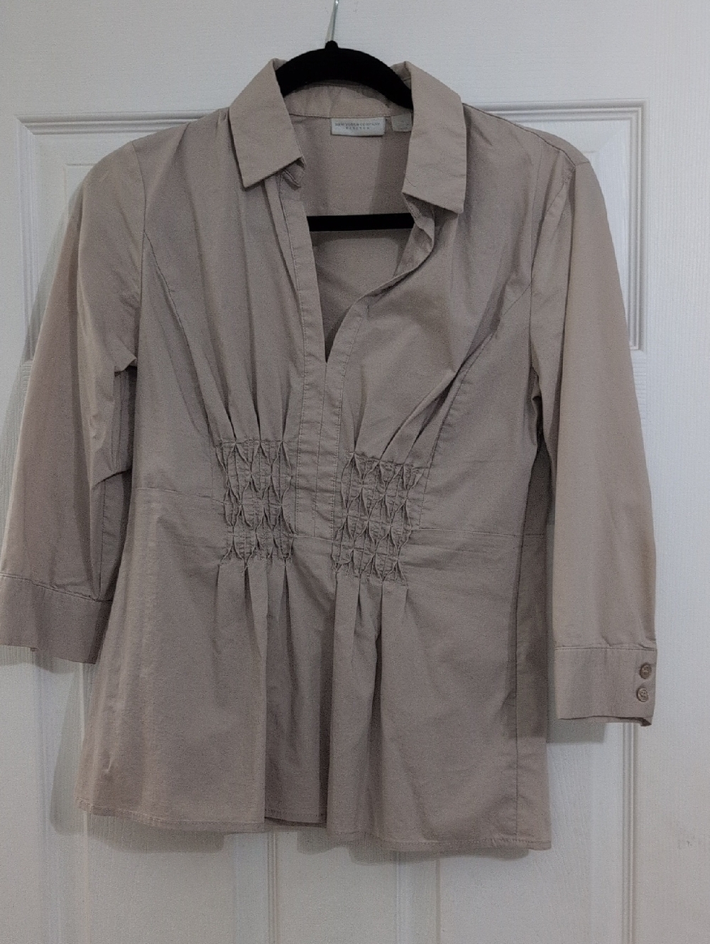 New York & Company Taupe Button-Front Smocked Waist Blouse
